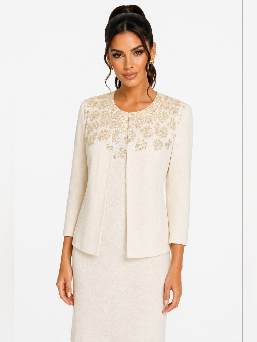 St. John Evening Ivory Gold Rhinestone Knit Dress Jacket 2pc Set Size 6